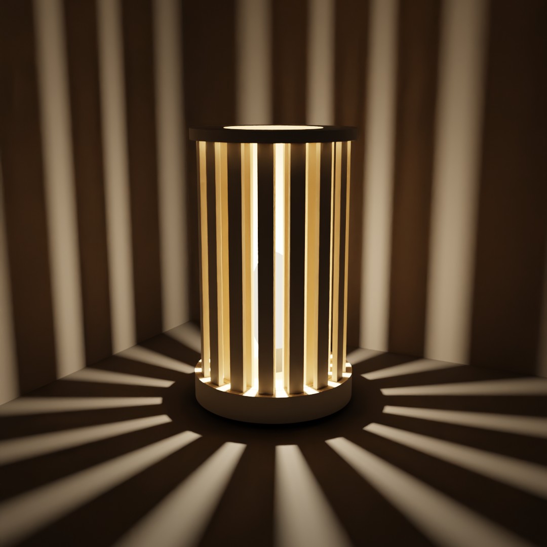 No. 002, the Vuelta Lamp, lit at night, its outer cage open and stripes of light on the wall and floor. Render.