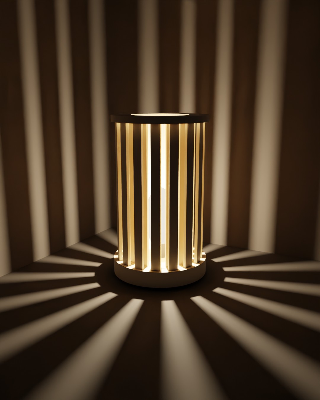 The lamp lit at night, open: stripes of light on the wall and floor. Render.