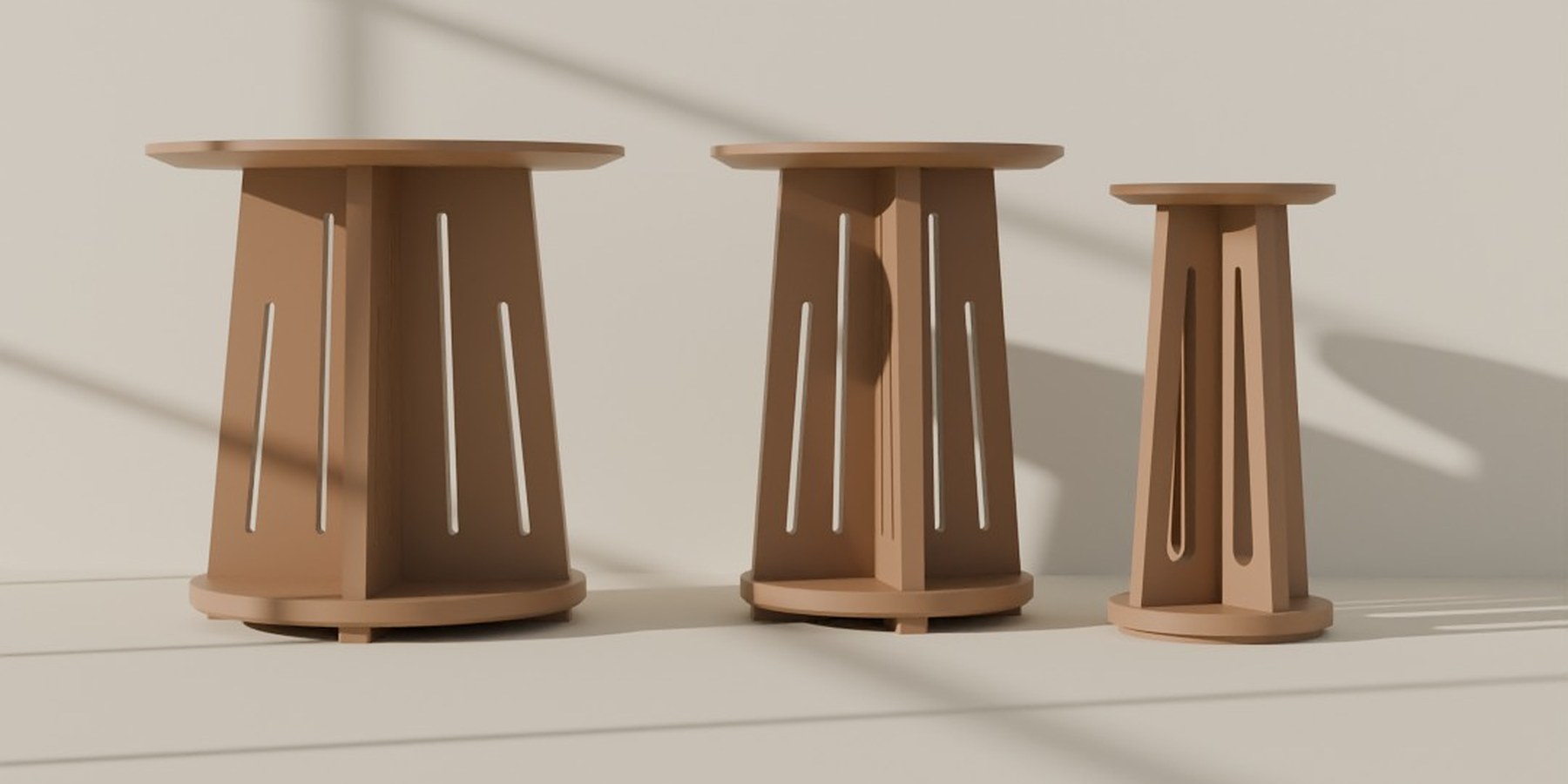 The Solstice Table in its three sizes, 24, 18 and 11 inches, in a paper-toned room with window light. Render.