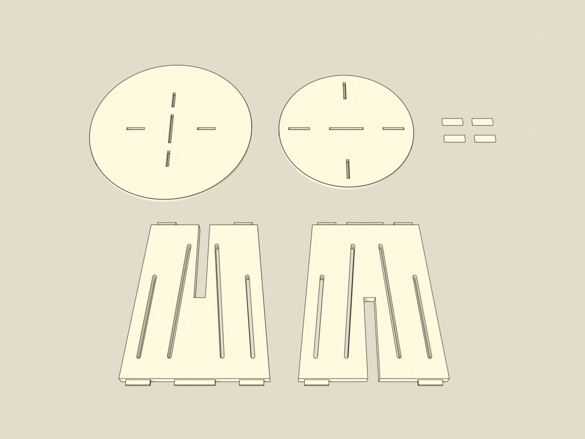 The parts of No. 001 in two rows and numbered: top, base and the four runner feet above, slab A and slab B below. Ink-outlined model.