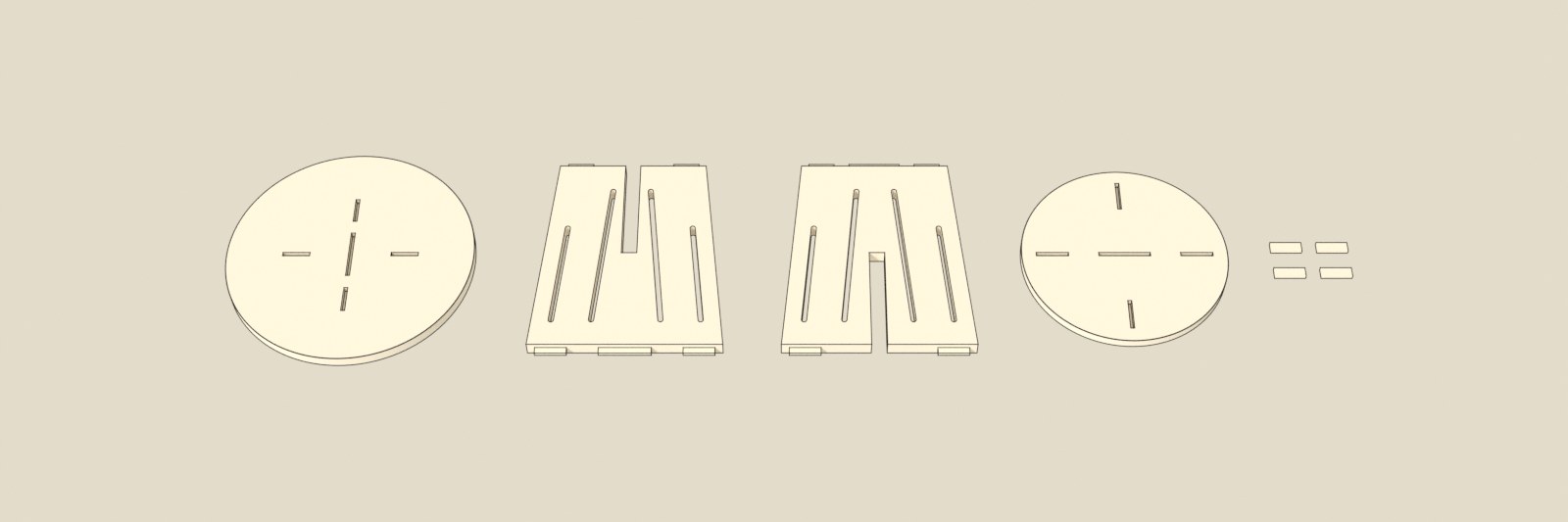 The parts of No. 001 laid out and numbered: top, slab A, slab B, base and the four runner feet. Ink-outlined model.