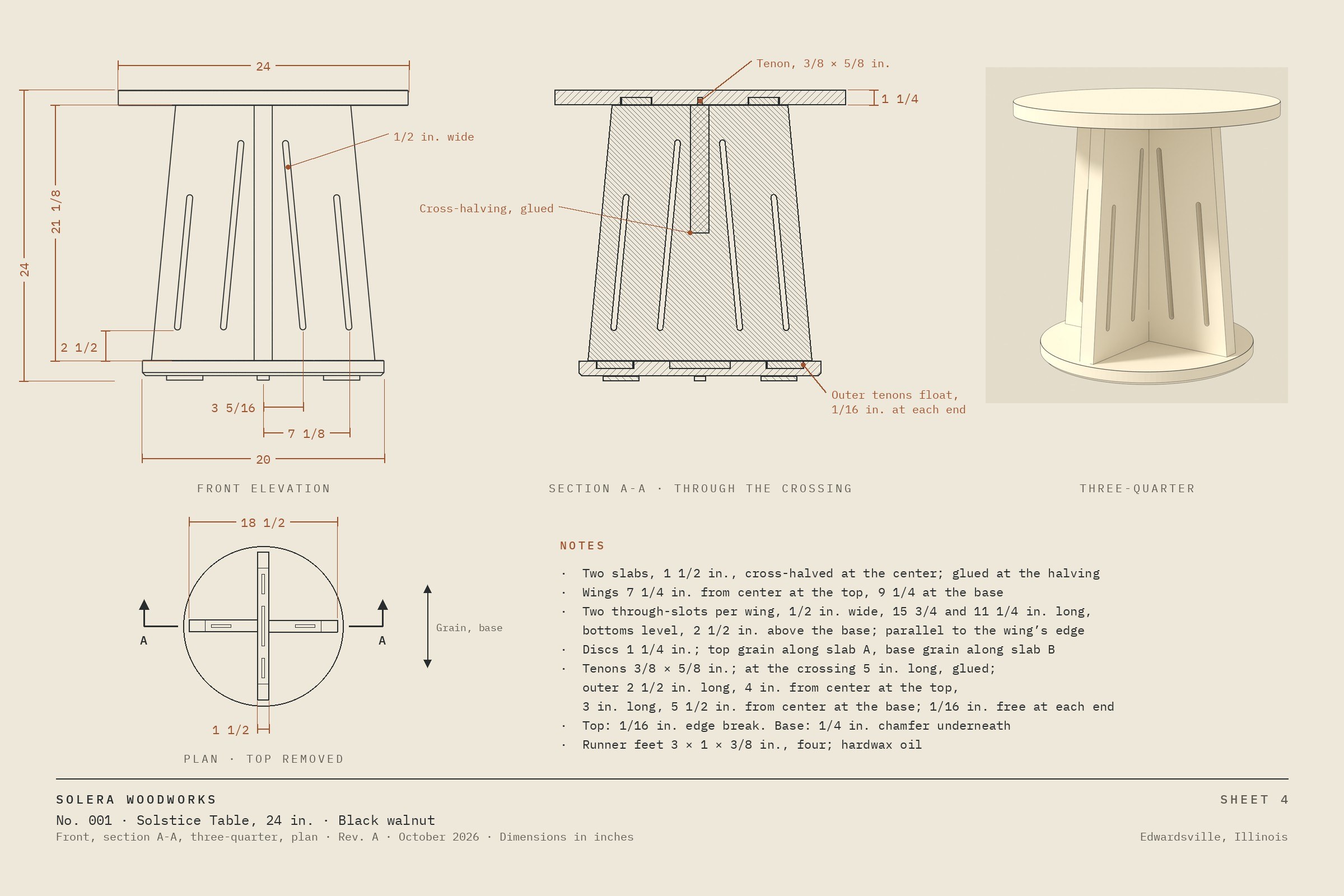 Sheet 4: No. 001 in front elevation, section through the crossing, three-quarter view and plan, with dimensions.