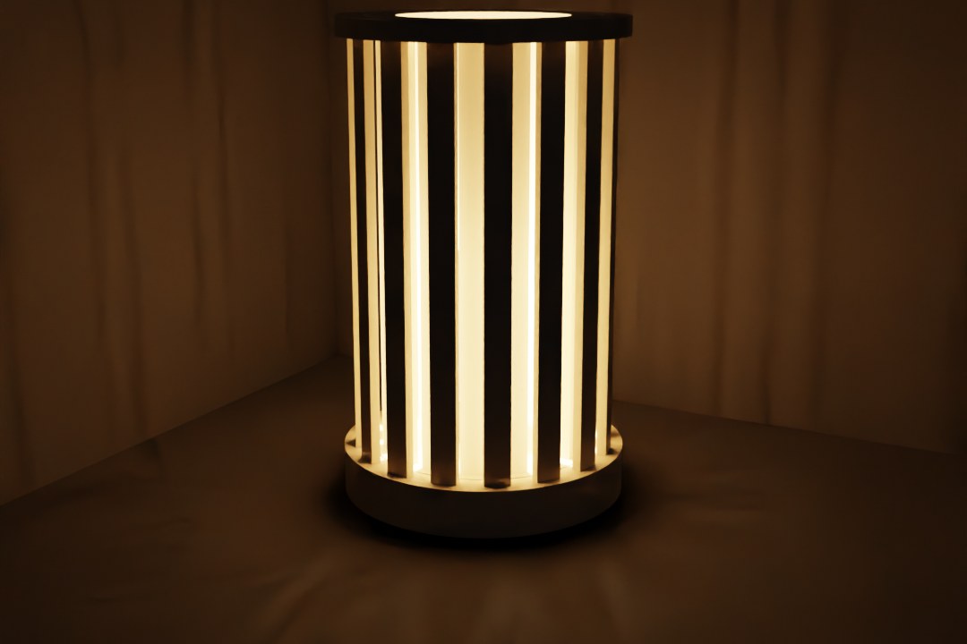 The lamp turned closed: the outer slats cover the gaps and the stripes soften. Render.